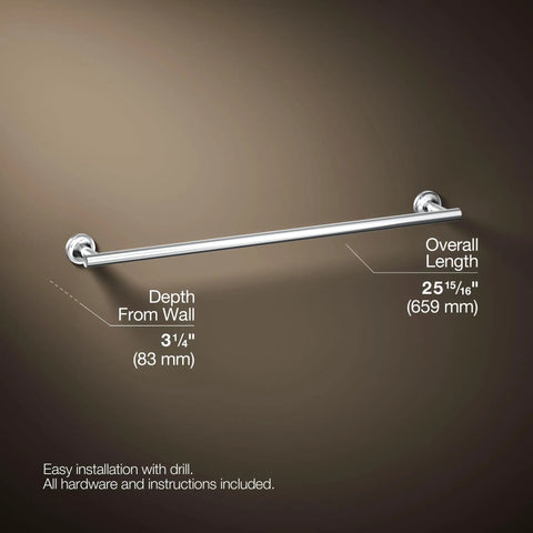 Purist 24 Inch Towel Bar Polished Chrome For A Sleek Bathroom Upgrade showing depth from wall and overall length measurements