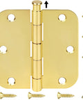Brass door hinge with screws displayed, featuring removable pin for quick door swaps, 5/8 inch radius corners visible