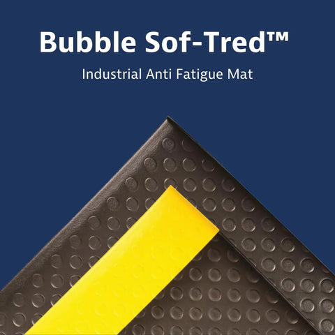 Bubble Textured Anti Fatigue Mat With Dyna Shield For Industrial And Commercial Workspaces Three Foot By Six Foot By One Half Inch Slip Resistant Cushioning Tough As Nails Black And Yellow Mat For Standing Long Shifts corner view