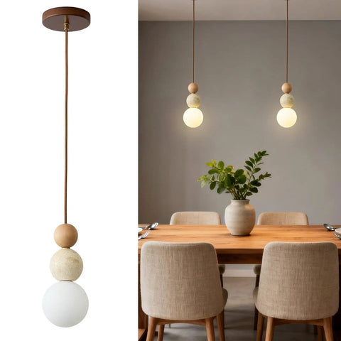 Wabi Sabi Travertine Pendant Light with Wood Ball & Milk Glass Shade over a dining table with natural decor.