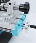 Close-up of Compact Mini Metal Lathe And Wood Beads Machine With 7 Speed Adjustable Settings Up To 7000 Rpm showing aluminum tailstock.