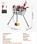 Three In One Do It All Electric Pipe Threader Machine, 750W Power, 28 RPM, on stand with dimensions and accessories shown