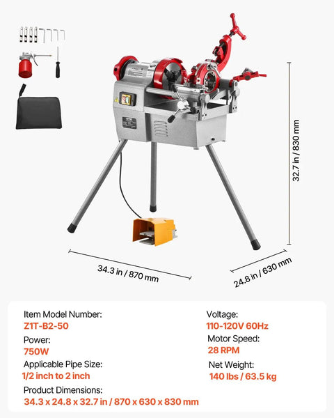 Three In One Do It All Electric Pipe Threader Machine, 750W Power, 28 RPM, on stand with dimensions and accessories shown