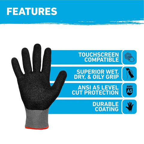 Precision Grip Cut Resistant Work Gloves For Tough Jobs With Textured Nitrile Coating For Wet Dry And Oily Surfaces display features