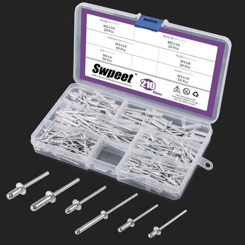 Box of aluminum blind rivets with various sizes for 211Pcs Black Alloy Steel Electric Rivet Gun Adapter Kit With 2.4mm 3.2mm 4.0mm 4.8mm Rivet Heads Includes Handle Wrench And 500Pcs Aluminum Blind Rivet Kit For Quick Strong Fastening.
