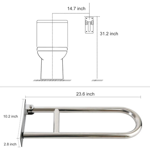 Foldable 24 Inch Stainless Steel Grab Bar For Toilet And Shower Wall Mounted Safety Bar 1.25 Inch Diameter Polished Finish