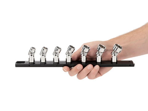 Hand holding Go-To Three Eighths Inch Drive Shallow 6-Point Universal Joint Socket Set With Rail, Seven-Piece