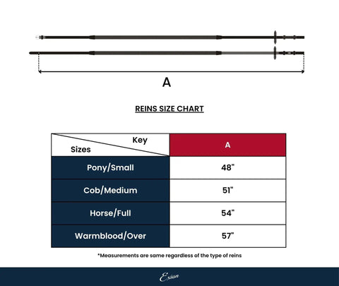 English Laced Reins For Horse Bridle Five Eighths Inch Size Chart for Pony, Cob, Horse, Warmblood with dimensions listed