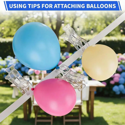 Clear 12 Pack Large Balloon Arch Clips Set For Backdrops And Crafts showing spring clamps attaching balloons outdoors