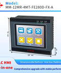 All In One PLC HMI with 2.8 inch touch screen display showing interface, dimensions 88x78x45mm, model MM-12MR-4MT-FE280D-FX-A