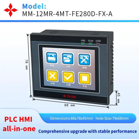 All In One PLC HMI with 2.8 inch touch screen display showing interface, dimensions 88x78x45mm, model MM-12MR-4MT-FE280D-FX-A