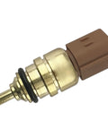 Automotive coolant temperature sensor with brass threaded body and brown plastic connector; side view.