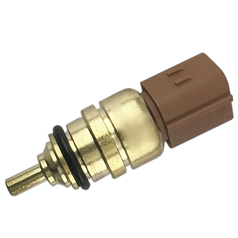 Automotive coolant temperature sensor with brass threaded body and brown plastic connector; side view.
