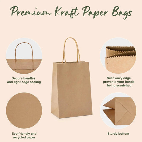 Brown Kraft Gift Bags With Handles 5.25x3.75x8 Inches 20 Pack, features like secure handles, sturdy bottom, eco-friendly paper.