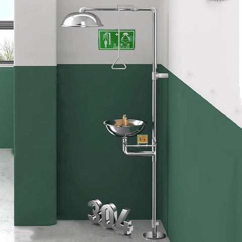 Emergency Eyewash Station With Shower Kit Built For Real-World Safety, stainless steel dual-nozzle eyewash in industrial setting