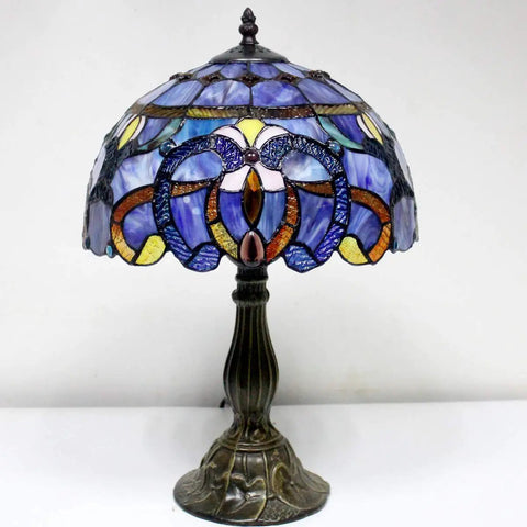 Tiffany Style Blue Purple Stained Glass Table Lamp For Reading And Decor, 12 Inch Shade, 18 Inch Tall, Antique Green Bronze Base, UL Listed Desk Light For Bedroom Living Room Home Office, S558 Series