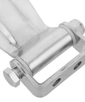 Close-up of Heavy Duty Stainless Steel Truck Door Hinge 8 By 3.8 By 1 Inch Spring Loaded Trailer Dump Hinge with bolt and washer.