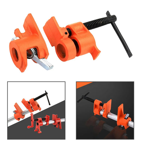 Heavy Duty Steel Pipe Clamp Set For Woodworking Hand Crank Adjustable Vise showing orange clamps with hand crank for quick adjustment.