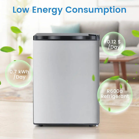 Compact 2.1 Cu Ft Upright Freezer With Reversible Door And Adjustable Thermostat For Dorms And Apartments showcasing energy efficiency features.