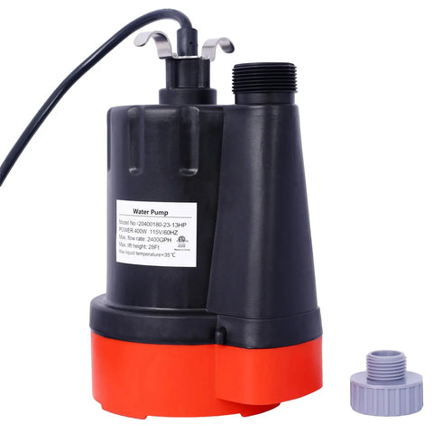 Heavy Duty Submersible Sump Pump 1/3HP 2500GPH with 10 ft cord, black and red design, suitable for pond drainage and quick flooding.