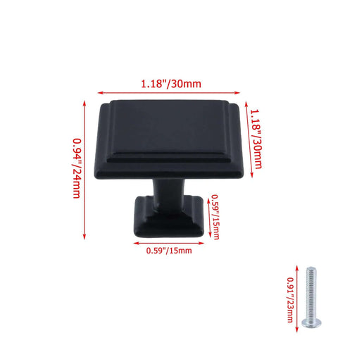 Square Cabinet Knobs Matte Black Set Heavy Duty Aluminum Alloy Drawer Handles, 30mm size with dimensions and screw visible.