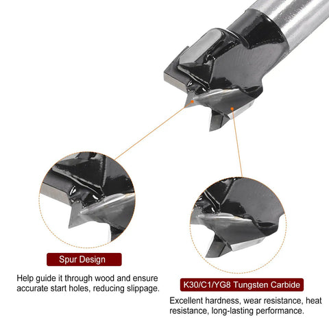 Close-up of Heavy Duty Forstner Drill Bit Set With Tungsten Carbide Tips showing spur design and carbide details for woodworking.
