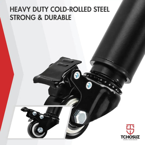 Close-up of heavy duty black caster on beefy adjustable metal furniture leg for bed frame, TV stand, sofa.