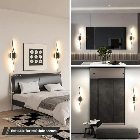 Modern Hardwired LED Wall Sconce Set Of Two with remote control illuminating bedroom, living room, and hallway.