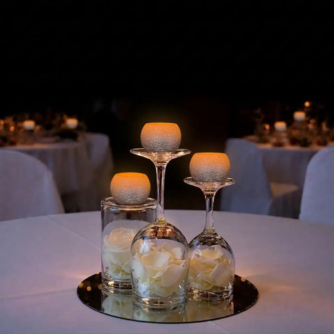 Small Real Wax Flameless Candles with Silver Glitter, LED Flicker, Battery Included, 3 Pack on glass holders in dim setting