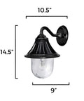 Orion Outdoor Solar Wall Light With 150 Lumen Warm White LED At 2700K showing dimensions and black resin finish.