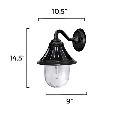 Orion Outdoor Solar Wall Light With 150 Lumen Warm White LED At 2700K showing dimensions and black resin finish.