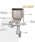 No Sweat Heavy Duty Cast Iron Grain Mill Featuring Wooden Hand Crank And Secure Table Clamp For Grinding Corn Wheat Oats Into Home Pantry Fresh Flour with labeled parts.
