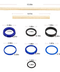 Rotary Lift hydraulic cylinder seal kit containing 7 O-rings in blue and black with varying diameters (1.34–2.09 in).