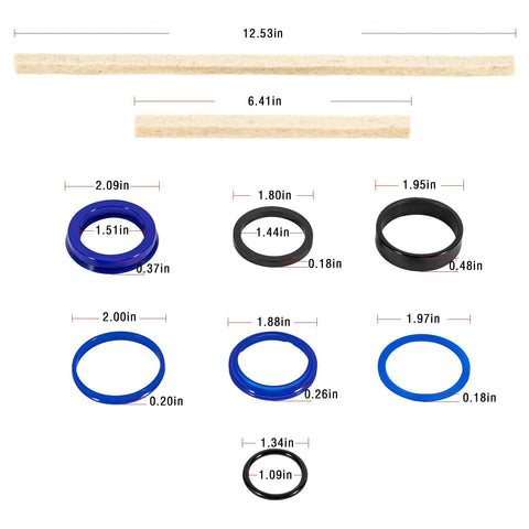 Rotary Lift hydraulic cylinder seal kit containing 7 O-rings in blue and black with varying diameters (1.34–2.09 in).