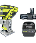 Cordless 18 Volt One Plus Lithium Ion Router Kit With Edge Guide For Precise Grooves And Routing Projects Great For DIYers Tackling Woodworking Cabinets And Cabinet Making, showing router, battery, and charger.