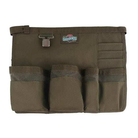 Front view of Workhorse Garden Bucket Tool Organizer for five gallon buckets with heavy duty 600D ripstop fabric and glove clip.