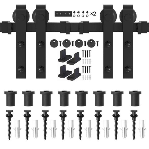 Heavy Duty Black Barn Door Hardware Kit For Double Sliding Doors Carbon Steel Track And Rail J Shape Easy Install For 60 Inch Closet Panel No Door Included
