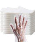 Stack of disposable transparent plastic food prep gloves; hand wearing one glove