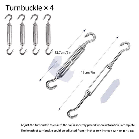Beefy Heavy Duty Anti Rust Shade Sail Hardware Kit For Rectangle Or Square Sun Sails, showing 4 adjustable turnbuckles.