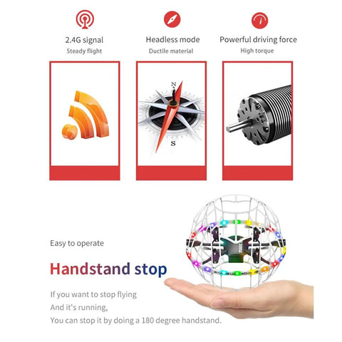 Graphic features the 2.4GHz Spherical RC Drone with auto obstacle avoidance, headless mode, and powerful driving force icons.