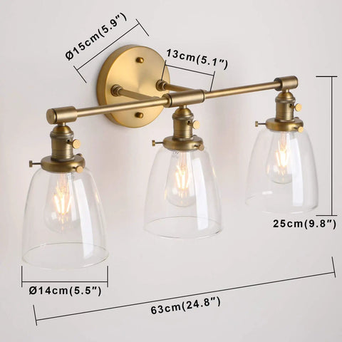 Vintage Industrial Three Light Wall Sconces With Oval Cone Clear Glass Shades Antique Finish, E26 Base, bulbs not included