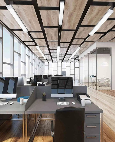 Plug and Play LED Shop Light Waterproof and Linkable 18W 2000LM 5000K installed in modern office ceiling
