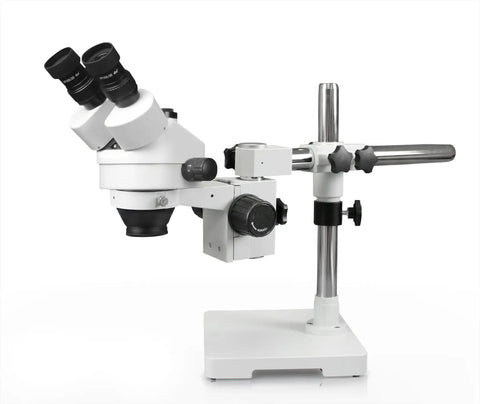 Trinocular Zoom Stereo Microscope With 5.0MP Digital Eyepiece Camera, 10x Wide Field Eyepiece, 3.5x To 90x Magnification, 0.5x And 2x Auxiliary Lenses, Single Arm Boom Stand, 144 LED Ring Light For Pro Grade Detail And Close Up Work on boom stand