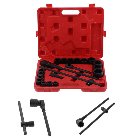 Get This Insane 21 Piece Deep Impact Socket Set With 3/4 And Two Inch Heads For Heavy Duty Vehicle Repair Jobs Making Mechanics Look Like Total Bosses Who Ace Every Tough Job Under The Hood Fast, red case open with black sockets and ratchets