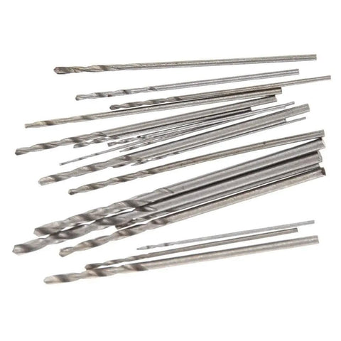 Close-up of metal Must Have 20 Piece Micro Drill Bit Set HSS Twist Bits 0.3mm to 1.6mm for precision work.