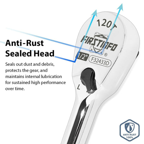 Stubby Half Inch Drive Ratchet Handle With 120 Tooth Sealed Head, Reversible Low Profile Ratcheting Wrench For Tight Spaces