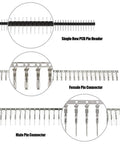 Pro Grade Ratchet Crimping Tool Kit For Wire And Dupont Pins All In One Pack With Over 500 Connectors Insulated And Non Insulated Terminals AWG 28-18 2.54mm Pin Housing And Header Set For DIY Friendly Electronics Builds, showing single row PCB pin header, female and male pin connectors.