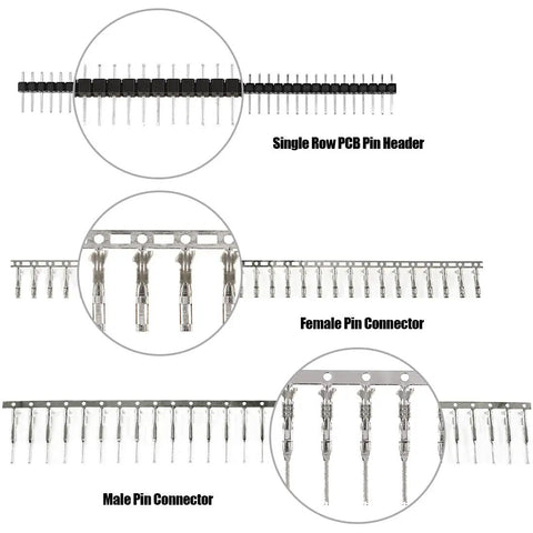 Pro Grade Ratchet Crimping Tool Kit For Wire And Dupont Pins All In One Pack With Over 500 Connectors Insulated And Non Insulated Terminals AWG 28-18 2.54mm Pin Housing And Header Set For DIY Friendly Electronics Builds, showing single row PCB pin header, female and male pin connectors.