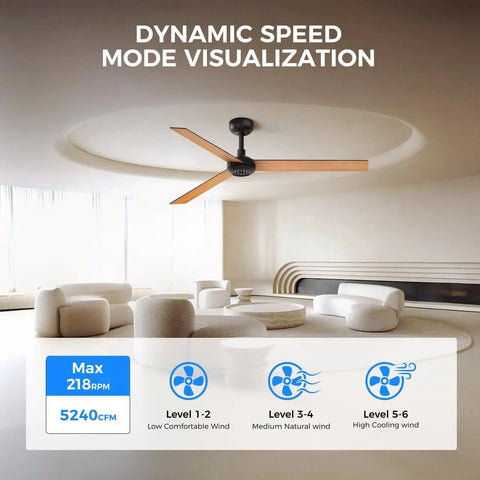 Modern 52" Indoor Ceiling Fan with LED Light Kit, Reversible DC Motor, Double-Sided Plywood Blades & 3-Color Dimmable Lighting in a stylish living room.