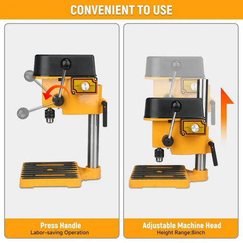 Variable Speed Mini Benchtop Drill Press With One Quarter Inch Keyed Chuck And 170mm Work Table, shown with press handle and adjustable head